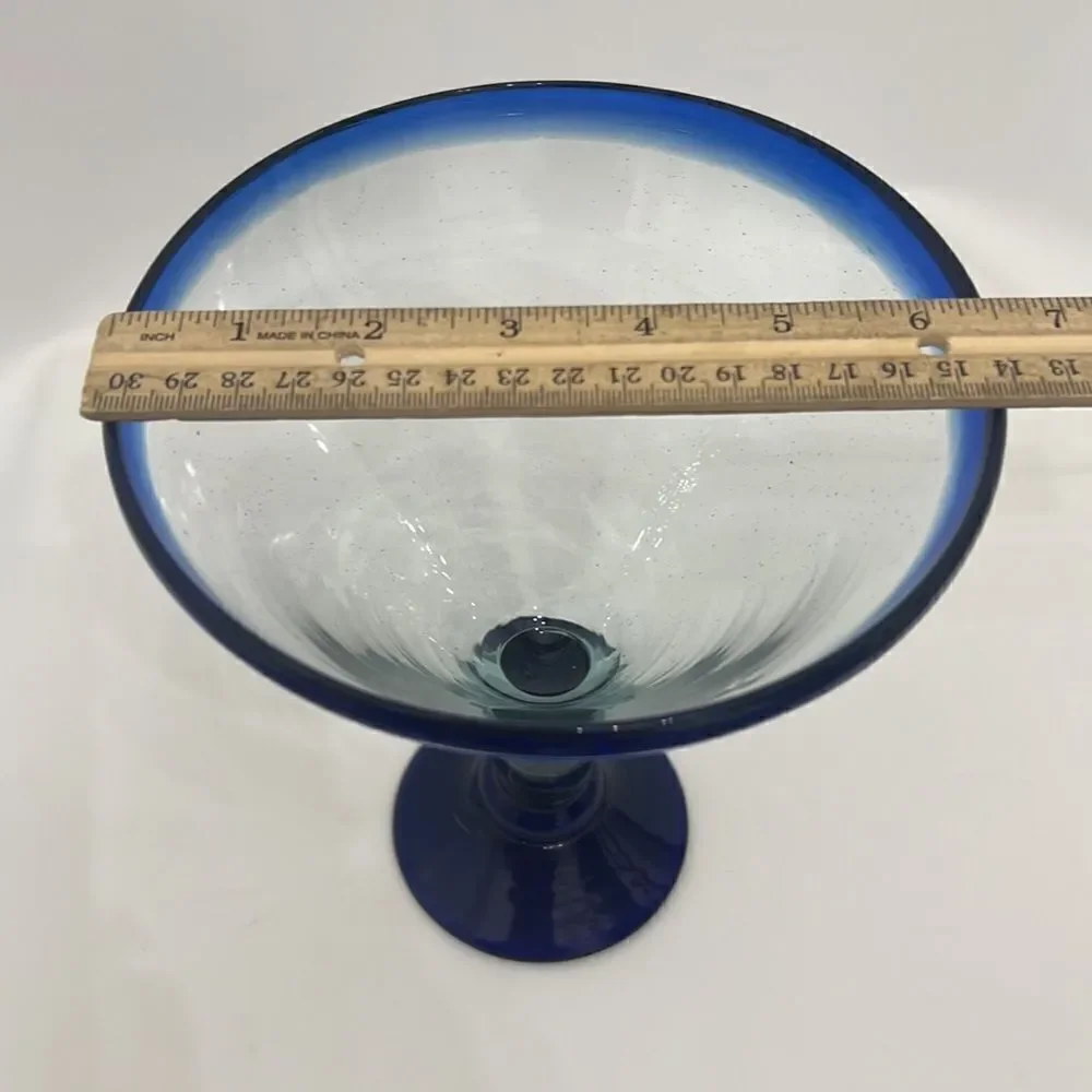 Blue Margarita Glass Hand Blown 4 Cups 6 1/2 In Round 7 3/4 Tall